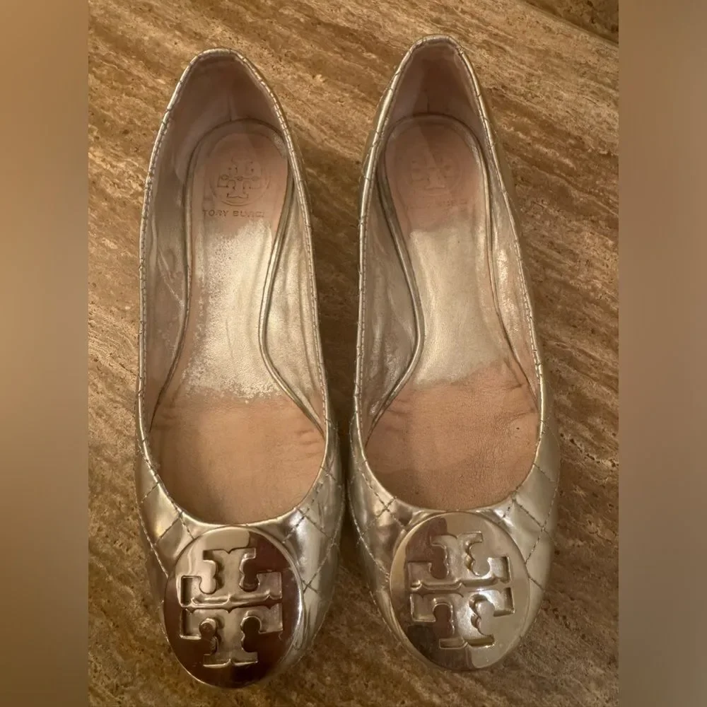 Tory Burch Quilted Silver Quinn ballet flats
